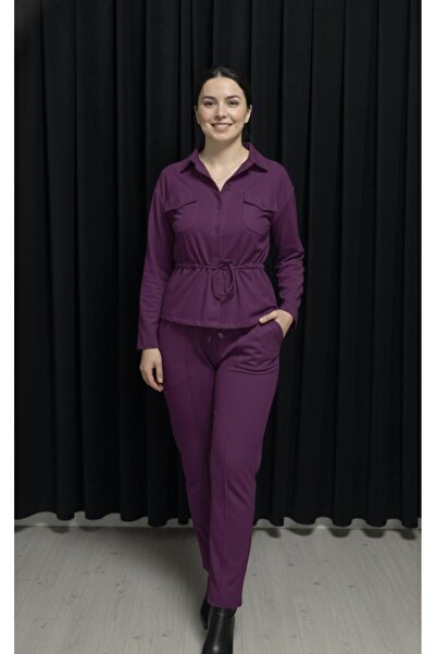 DEMOİSELLE Set de pantaloni și cămașă pentru femei, cu material elastic buzunare duble, din oțel interlock