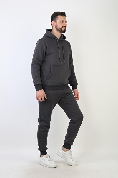 NEW YEAR FİT Plain Hooded Three Thread Sh Fleece-Lined Men's Tracksuit Set
