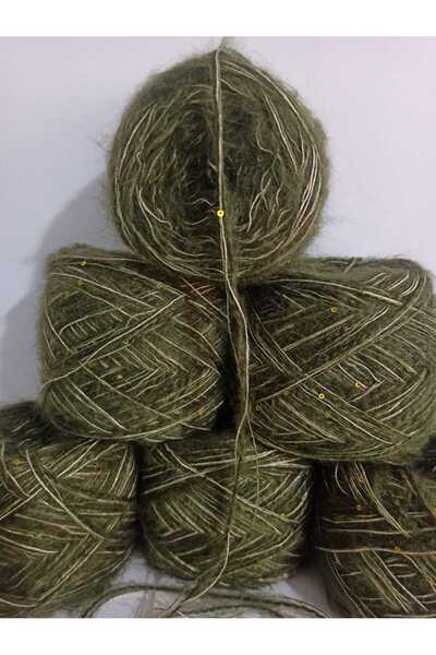 İPEK YÜN İPLİK DÜNYASI Moher Knitting Yarn (Khaki Green) Sim (Gold) Koton (Gold Sequins, Khaki) Mix 100Gr
