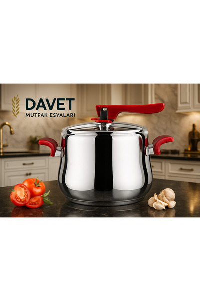 Davet Paslanmaz Çelik Kırmızı Bakalit Saplı Düdüklü Tencere 4 Litre - Düdüklü...