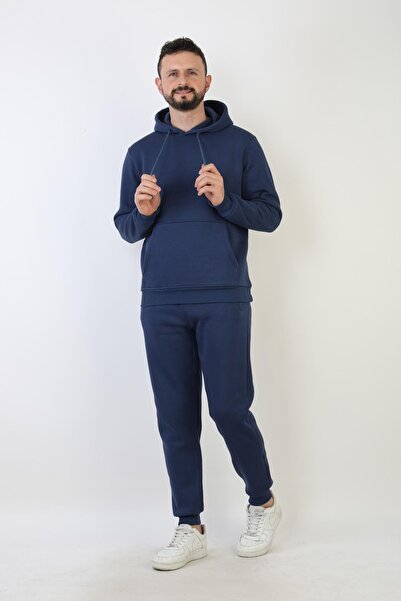 NEW YEAR FİT Plain Hooded Three Thread Sh Fleece-Lined Men's Tracksuit Set