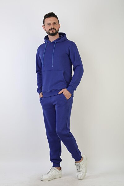 NEW YEAR FİT Plain Hooded Three Thread Sh Fleece-Lined Men's Tracksuit Set