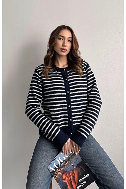 fujya Gold Buttoned Striped Stylish Knitwear Cardigan