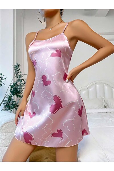 BUDİ HOME Women's Pink Satin Strap Fuchsia Heart Pattern Printed Nightgown 2217