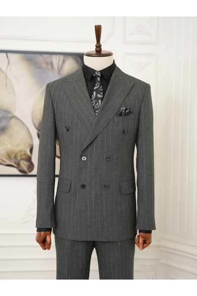 LONATOLİA Men's Slim Fit Italian Style Half Lined Striped K Double-Breasted S...