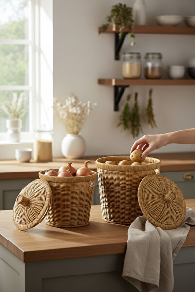zezedesing Set of 2 Potato – Onion Baskets | Natural Wicker Look Covered Storage Baskets