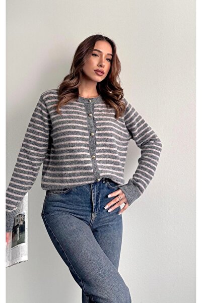 fujya Gold Buttoned Striped Stylish Knitwear Cardigan