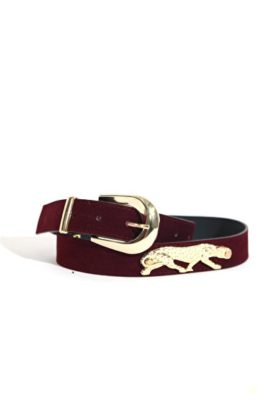 Sun Pieces Santo Burgundy Vegan Leather Women's Belt, Gold Color Accessory Belt, Faux Leather Tiger Accessory Belt
