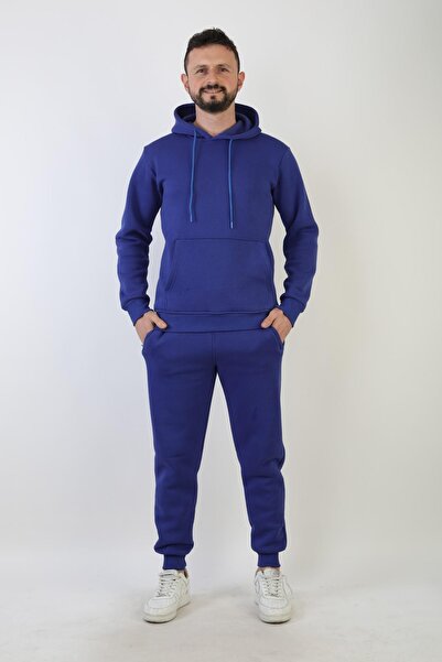 NEW YEAR FİT Plain Hooded Three Thread Sh Fleece-Lined Men's Tracksuit Set