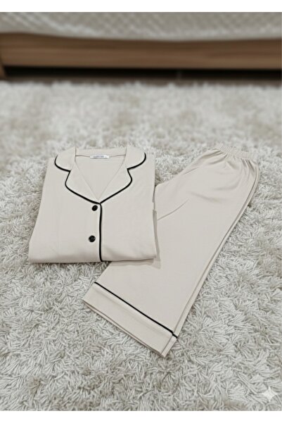 White Velvet Long Sleeve Modal Cotton Piped Button Women's Beige Pajama Set