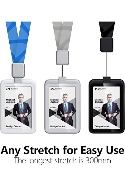 Generic Phomo Retractable ID Card Holder with Reel, Clip and Lanyard – Vertical, Transparent, White