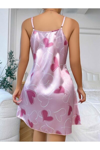 BUDİ HOME Women's Pink Satin Strap Fuchsia Heart Pattern Printed Nightgown 2217