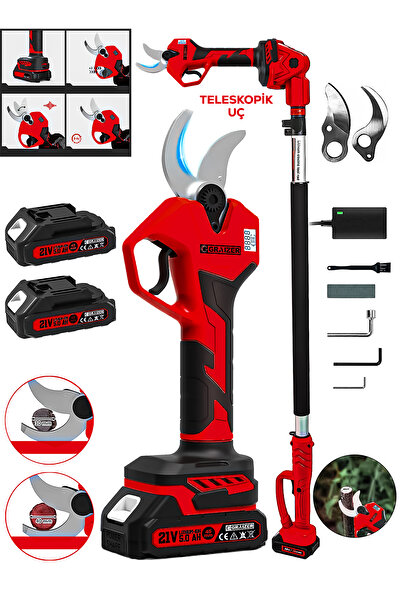Graizer 52-K Brushless Motor Teleskop Akülü Bağ Dal Ağaç Kesme Biçme Budama Şarjlı Makası Makas