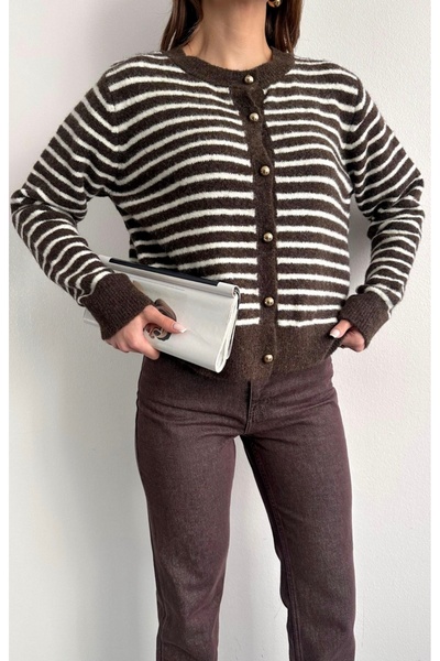 fujya Gold Buttoned Striped Stylish Knitwear Cardigan