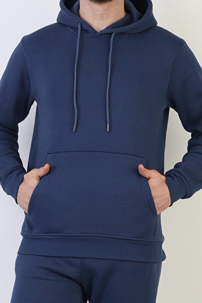 NEW YEAR FİT Plain Hooded Three Thread Sh Fleece-Lined Men's Tracksuit Set