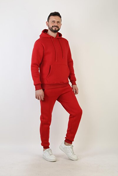 NEW YEAR FİT Plain Hooded Three Thread Sh Fleece-Lined Men's Tracksuit Set