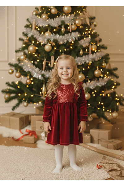 Nimini Kids Rochie pentru fetiță din catifea cu paiete și volane, tematică de...