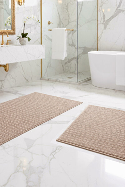MELARİS HALI طقم سجادة حمام مكون من قطعتين، سطح منسوج قابل للغسل، قاعدة غير ق...