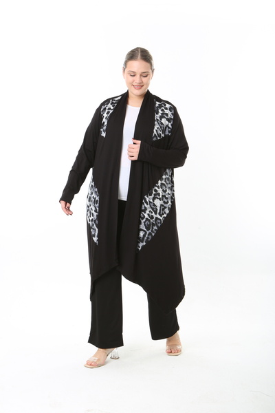 XL Modam Women's Lycra Viscose Black Patterned Plus Size Cardigan