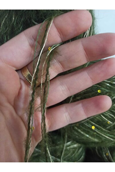 İPEK YÜN İPLİK DÜNYASI Moher Knitting Yarn (Khaki Green) Sim (Gold) Koton (Gold Sequins, Khaki) Mix 100Gr