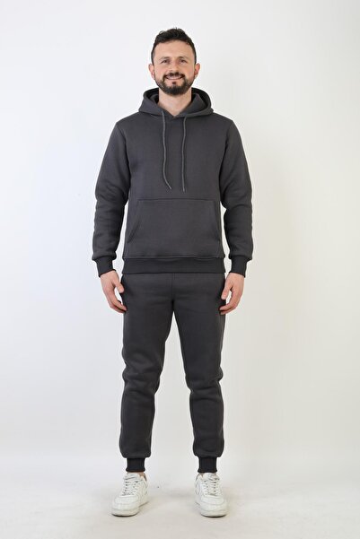 NEW YEAR FİT Plain Hooded Three Thread Sh Fleece-Lined Men's Tracksuit Set