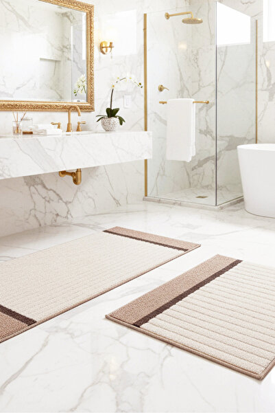 MELARİS HALI طقم سجادة حمام مكون من قطعتين، سطح منسوج قابل للغسل، قاعدة غير ق...