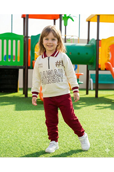 Asliva fashion Asliva Unisex Children's Burgundy Hawaii Sunset Printed Polo Neck Half Zippered Cotton Tracksuit Set