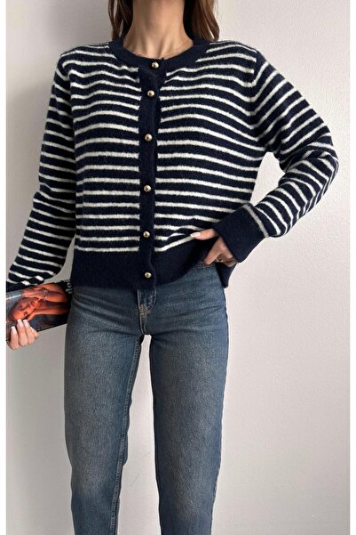 fujya Gold Buttoned Striped Stylish Knitwear Cardigan