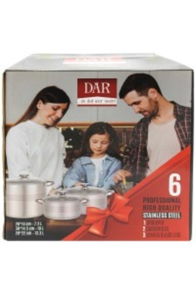 DAR Stainless Steel Cookware Set 6 pcs (2 Saucepans + Pot with Glass Lid) 7.2L/10L/13.3L