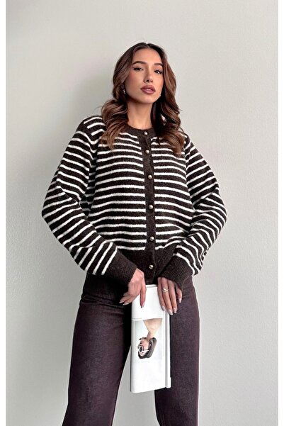 fujya Gold Buttoned Striped Stylish Knitwear Cardigan