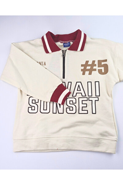 Asliva fashion Asliva Unisex Children's Burgundy Hawaii Sunset Printed Polo Neck Half Zippered Cotton Tracksuit Set