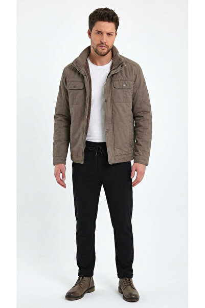 DYNAMO Mock Neck Comfortable Fit Rain Wind Insulated Thick Stylish Linen Gabardine Coat with Fur Inside and Pocket Flap