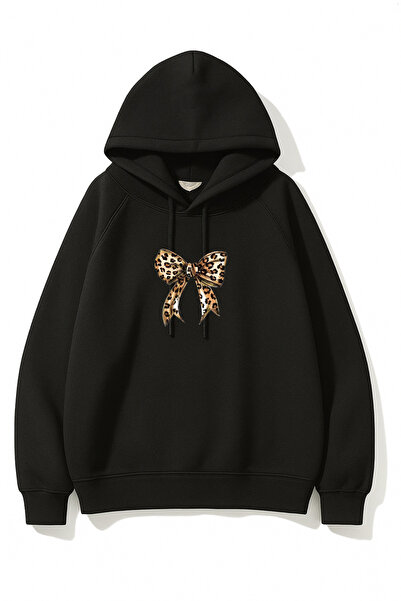 EydaMoon Дамска зимна памучна блуза с качулка и панделка с леопардов принт