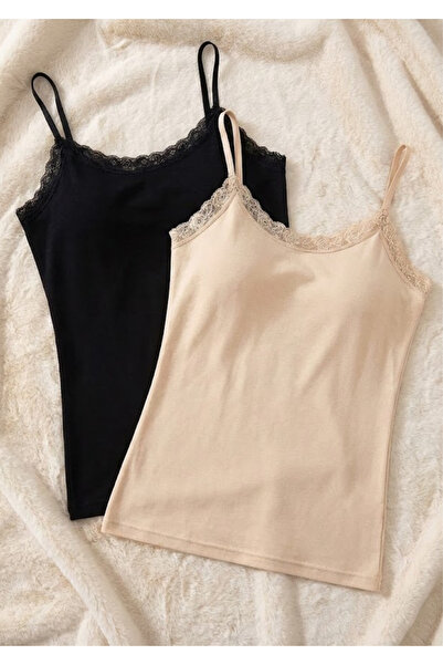 Loule 2-Pack Women's Lace Detailed String Strap Tank Top - 48% Cotton 47% Modal Soft Textured Stretchy Clothing