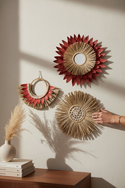 PearlHome Bohem Tarz El Yapımı Rafya Duvar Süsü 3’lü Set Doğal Yaprak Detaylı...