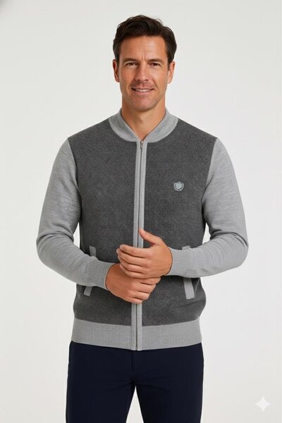 Mutlu City Men's Middle-Aged and over Knitwear Knitted Acrylic Zippered Winter Dad Cardigan 2062 Light Gray