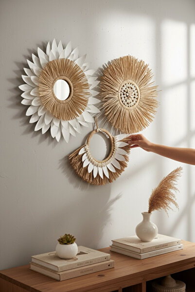 PearlHome Bohem Tarz El Yapımı Rafya Duvar Süsü 3’lü Set Doğal Yaprak Detaylı Dekoratif Duvar Aksesuarı Modern