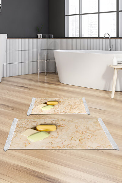 Alanur Home Non-Slip Base Djt Toilet Set Star Cotton Fringed Marble E5033 Cream