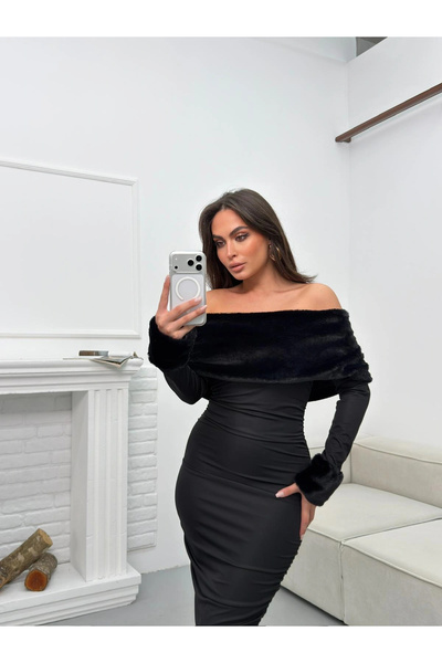 Zoom Butik Madonna Yaka Kürklü Elbise - SİYAH