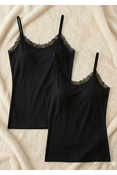 Loule 2-Pack Women's Lace Detailed String Strap Tank Top - 48% Cotton 47% Modal Soft Textured Stretchy Clothing