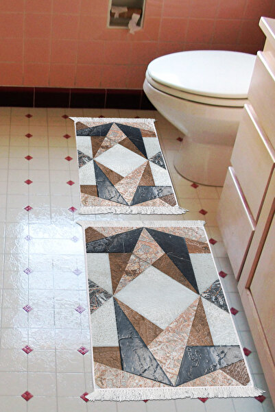 Alanur Home Non-Slip Base Djt Toilet Set Trend Fringed Geometric E5028 Colorful