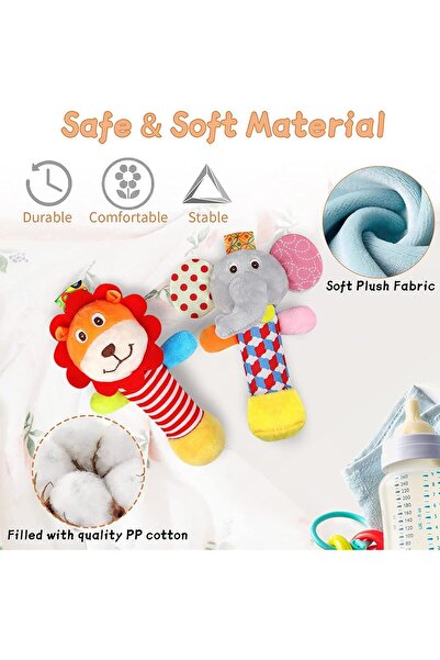 X SPRING Soft Baby Rattles - 2-Pack Elephant & Lion, Hand-Grip Sensory Toys for 0-6 Months