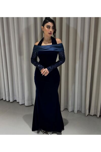 Haydi فستان سهره اوف شولدر كحلي مطرز