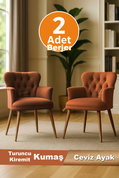 LOVİSSE HOME 2 Adet Turuncu Kremit Ceviz Ayak Berjer Tekli Koltuk Ev, Ofis– Bekleme koltuğu