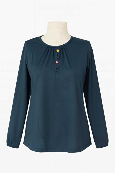 ziend fashion Women's Stretch Fabric Middle Age and Above Four Seasons Green Mother Combed Cotton Blouse Button Decorated Elastic Sleeves