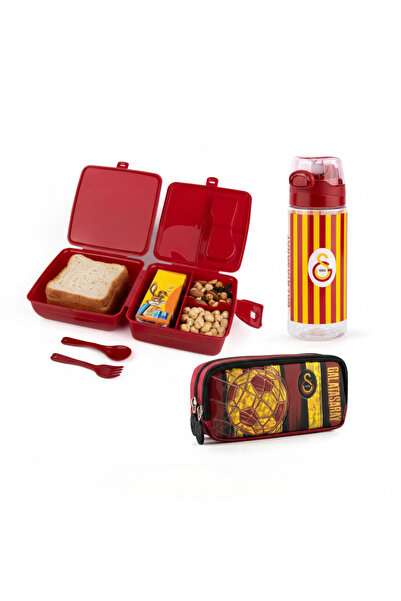 Galatasaray GS Lisanslı Beslenme Kabı + 500 ml Matara + Kalemlik Okul Seti | Çocuk Beslenme Seti