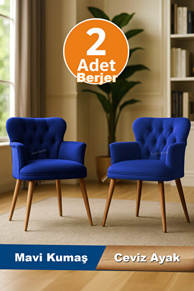 LOVİSSE HOME 2 Adet Mavi Ceviz Ayaklı Berjer Tekli Koltuk Ofis / Balkon – Bekleme koltuğu