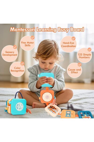 Generic Montessori Busy Board for 1-Year-Olds — Sensory 8-in-1 Travel Busy Cube (A)