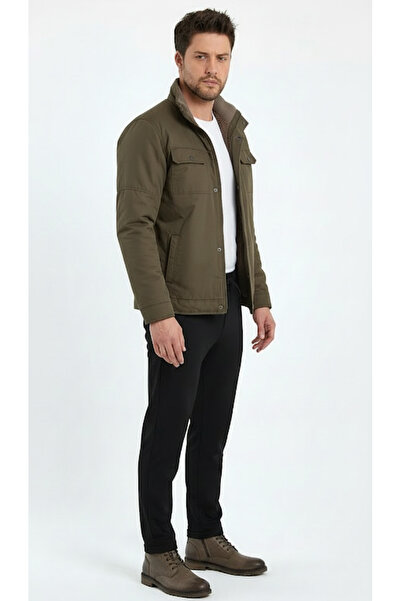 DYNAMO Mock Neck Comfortable Fit Rain Wind Insulated Thick Stylish Linen Gabardine Coat with Fur Inside and Pocket Flap