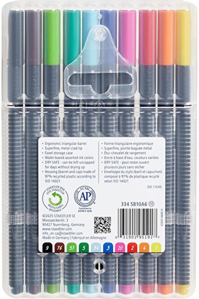 Staedtler Triplus Fineliner Pens, 10 Pack, Assorted Colors